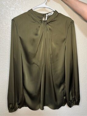 Grace Karin Olive Green Satin Pleated Neck Long Sleeve Blouse